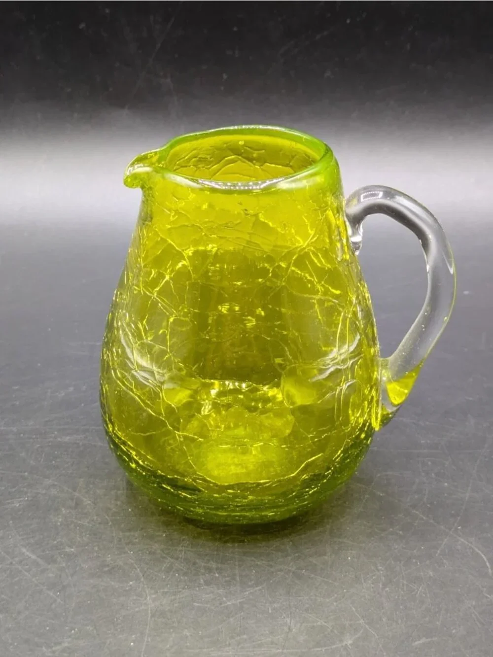 Vintage Blenko Glass Green Crackle Mini Pitcher Clear Handle Hand Blown 3.5